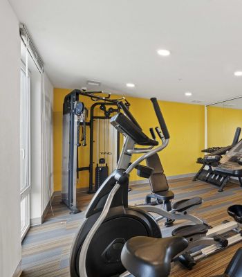 Modern gym room with cardio and weight machines, yellow accent wall, mirrored wall, and large windows.
